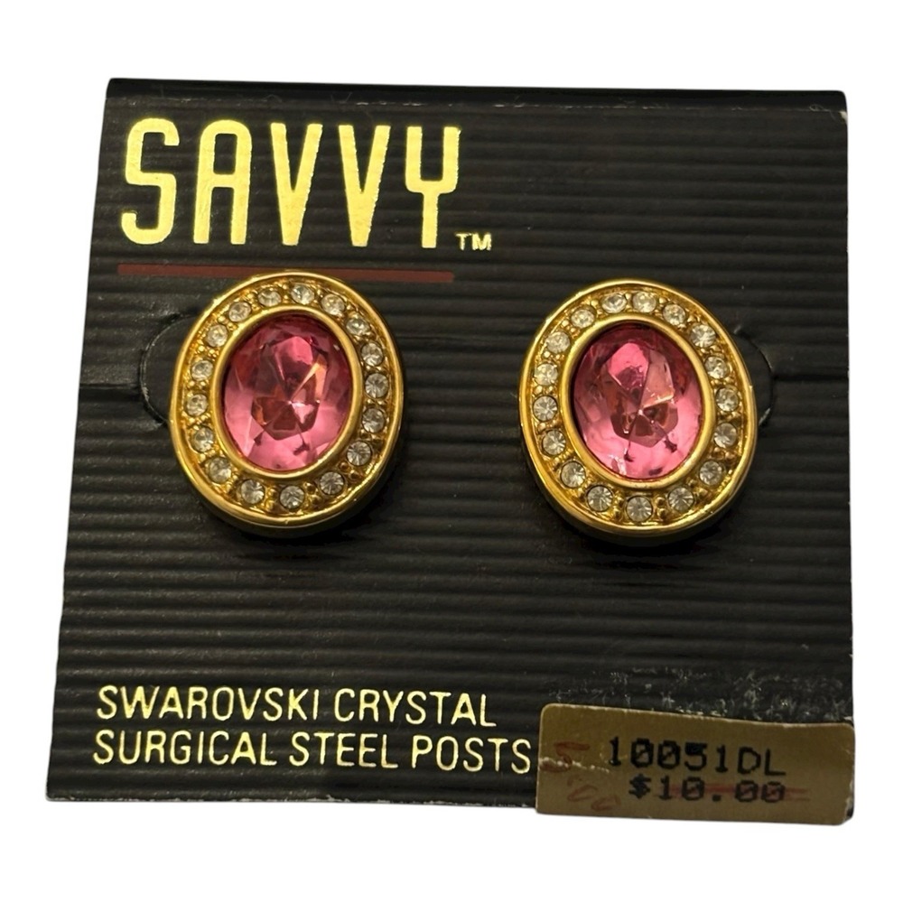 Vintage Savvy Pink Swarovski Crystal Gold Tone Pierced‎ Ear Stud Earrings Steel